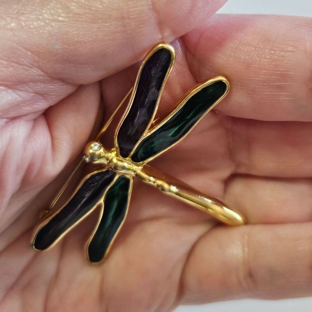 Vintage Monet gold tone green dragonfly brooch